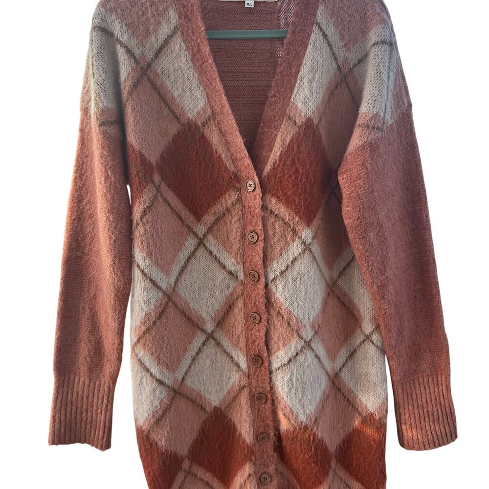 JENS PIRATE BOOTY x FREE PEOPLE Louella Argyle Oversized Longline Cardigan M/L - Picture 5 of 14